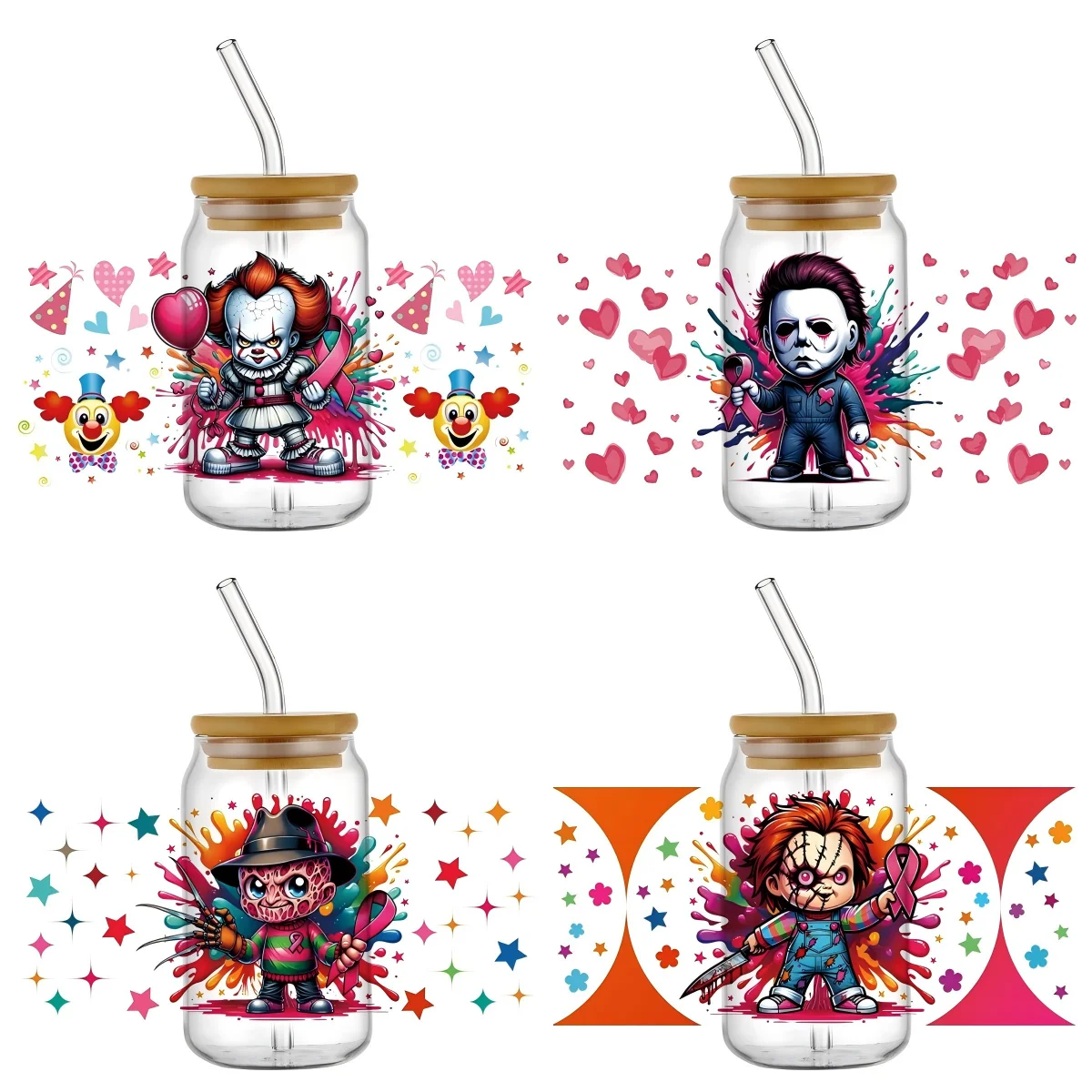 

Cartoon Killer Series UV DTF Cup Wrap For 16oz Libbey Coffee Glass Cute Thriller Movie Actor Theme 3D Sticker Cup Wraps