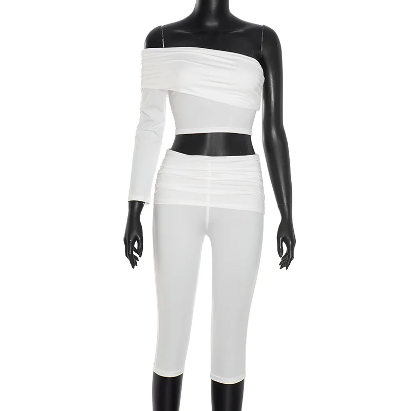 Women Sexy Ruched Slim 2 Piece Set Tracksuits 2025 Autumn One Shoulder Long Sleeve Crop Tops + High Waist Skinny Capris Pants