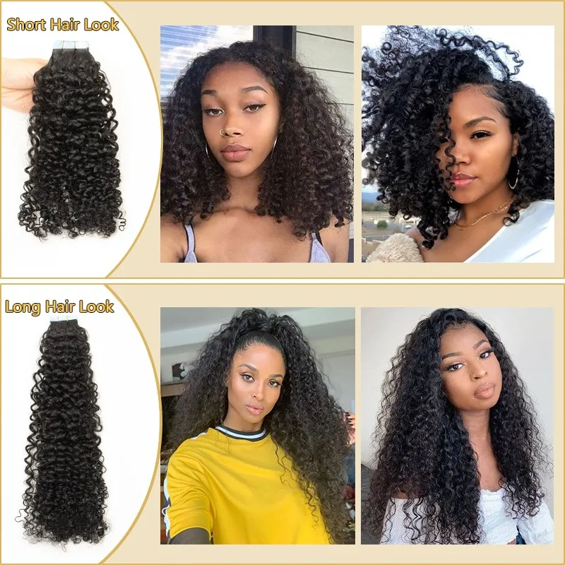 Curly Tape in Extensions Human Hair Remy Kinky Curly Tape in Extensions 12-24 inch Curly  Hair Bundles 20 PCS/Pack Natural Color