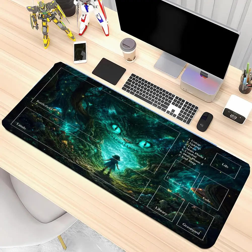 Dark forest long gaming mat big cheshire cat little girl green firefly woods natural rubber anti slip dual use pad