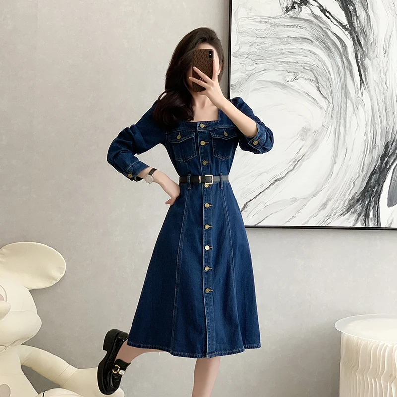 レトロなスクエアカラーデニムドレス レディース 春秋新作 スリムロング丈 ハイライズ カジュアル X-ape ドレス