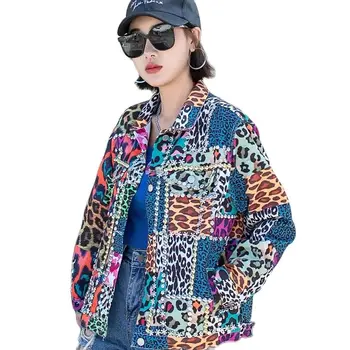 New Streetwear Leopard Print Denim Jacket Women Colorful Diamond Beading Jean Jacket Spring Autumn Loose Female Trend Short Outwear