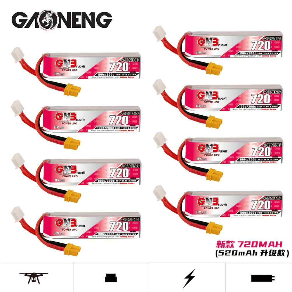 1-10Pcs GAONENG GNB 720mAh 3S 100C/200C 11.4V HV XT30U-F Plug Lipo Battery for RC Tinywhoop FPV Frame Kit Tinywhoop Racing Drone