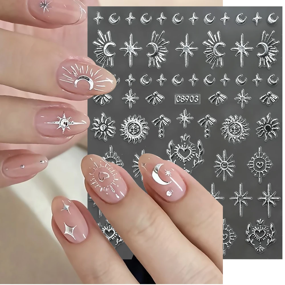 6pcs 3D Gold Sun/Moon/Star Bronzing Nail Art Sticker Laser Metal Star Moon Design 8*10cm Nail Art Decal Self-Adhesive Sliders#YZ