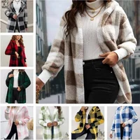 Cárdigan a cuadros de doble lana para mujer, chaqueta suave holgada de manga larga de felpa cálida con capucha, abrigo de retales para mujer, Otoño e Invierno