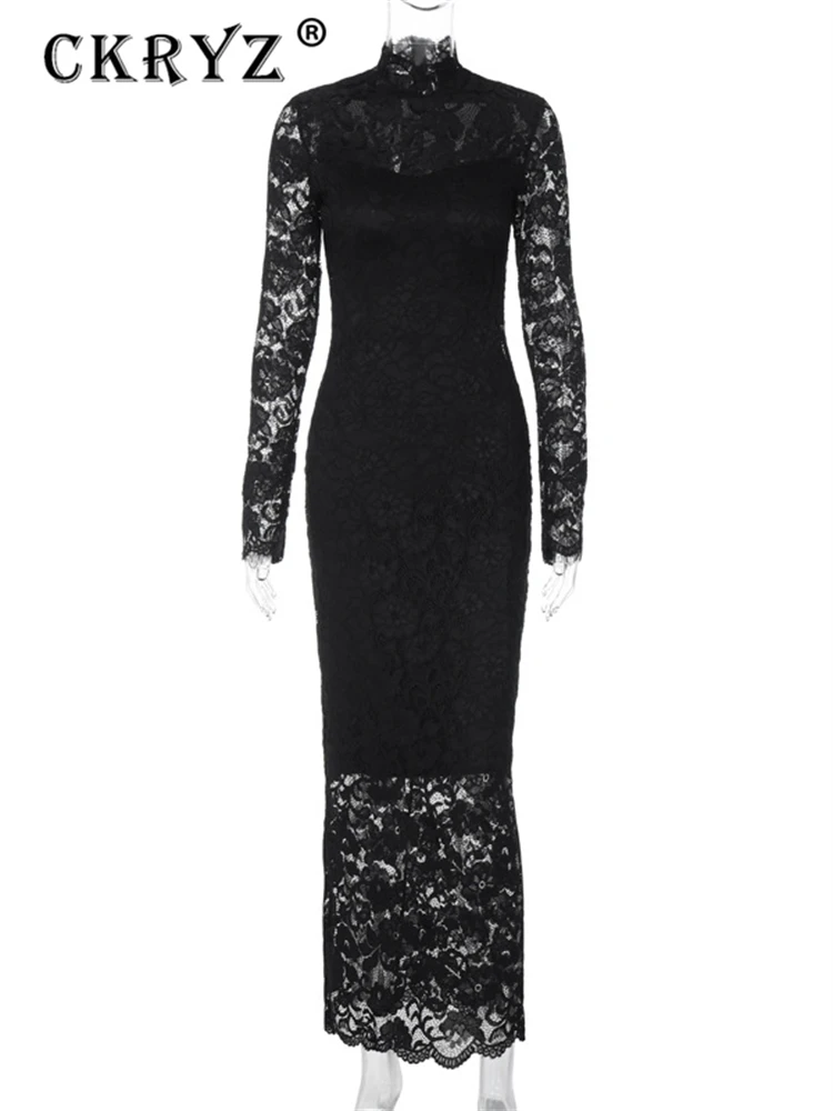 السيدات الخريف أنيقة فستان الحفلات المسائية المرأة طويلة الأكمام عالية الرقبة الدانتيل المرقعة موضة فساتين ماكسي كلوبوير الخريف وتتسابق