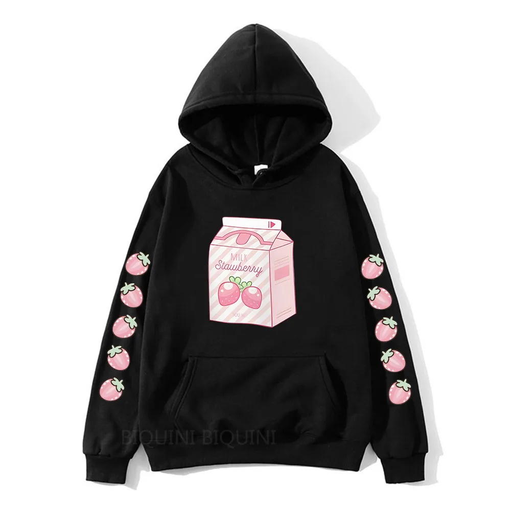 Strawberry Milk Cute Cartoon Graphic Printed Hooded Plus Size Hoodie Women Clothes Aesthetic Prevalent Female Warm Streetwear