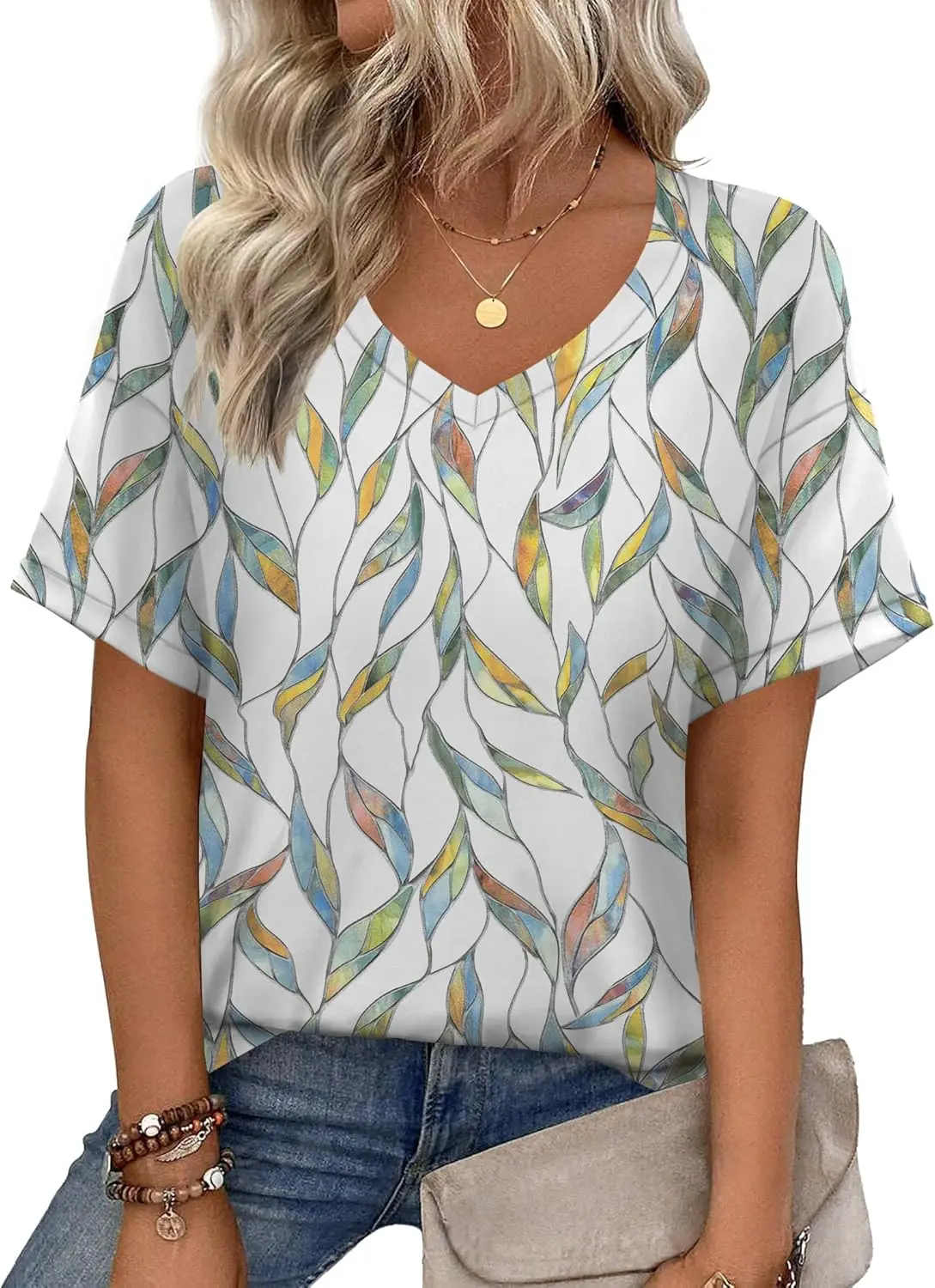 

Summer Women's V-Neck T-Shirt Simple Stripe Leaf Print Short Sleeve Tees Loose Outdoor Quick Dry Daily Casual Clothes For Female