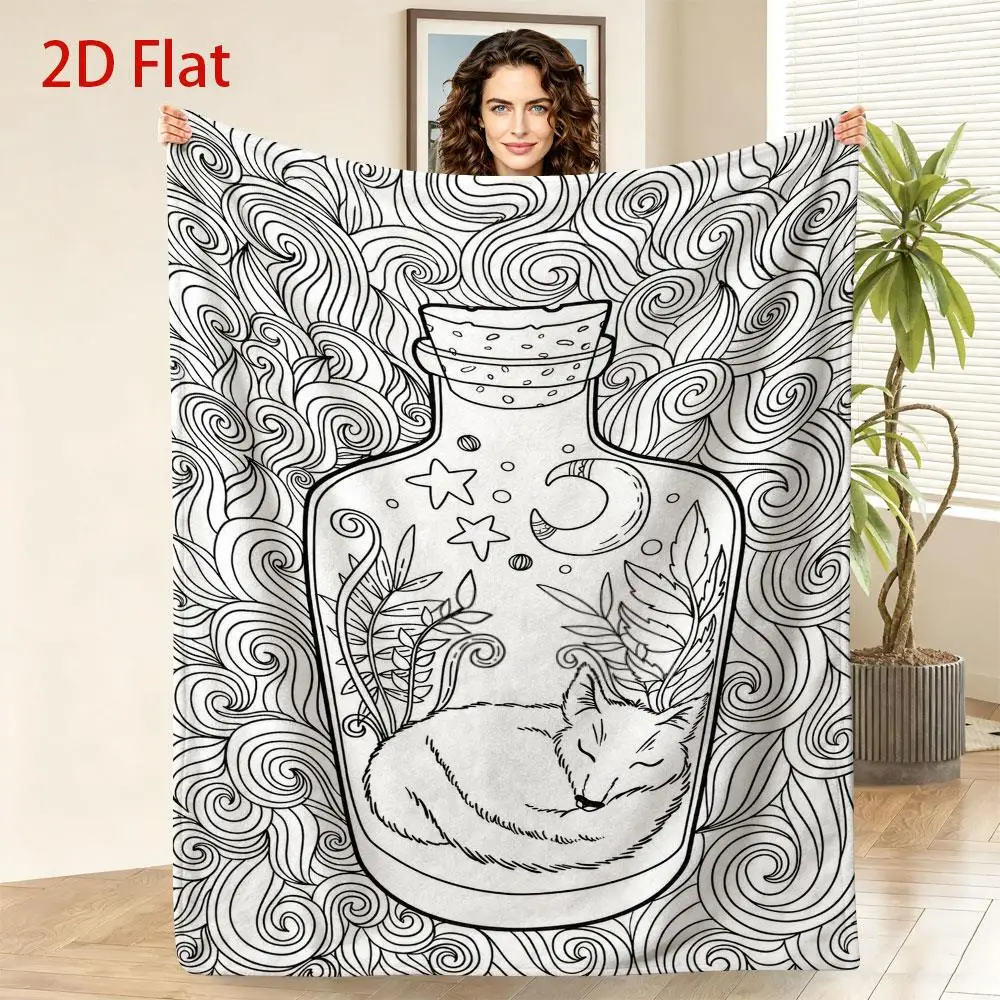 1pc DIY Coloring Throw Blanket, Sleeping Fox in Bottle Line Art, Moon Star Vortex Pattern for Living Room Decor