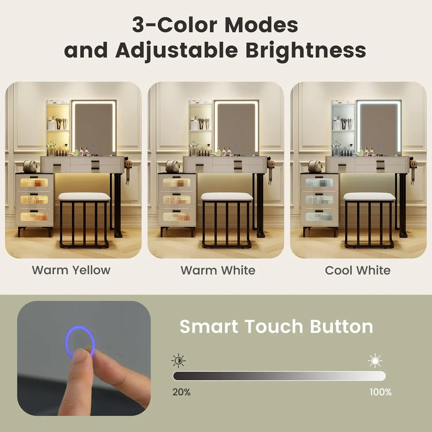 Modern Vanity Desk with Mirror & Lights, Makeup Vanity and Stool Set with 3-Color LED Lights & Charging Station, Dressing Table image 6