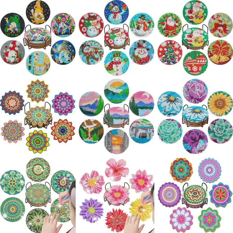 

6Pcs DIY Diamond Painting Mandala Flowers Coaster DIY Diamond Art Coasters Christmas 5D Full Drill Diamond Coasters Round Cup