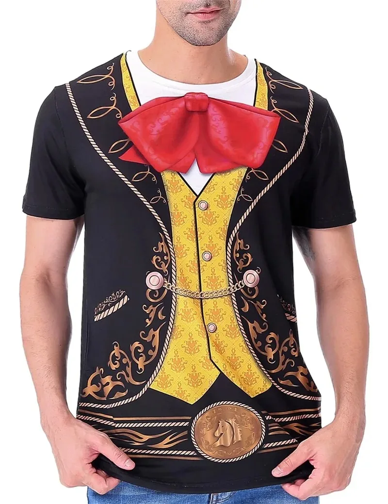 Men's Mariachi Graphic T-Shirts 3D Print Fake Suit Short Sleeve Tee Tops Casual Oversized T Shirt Mexican Costume Streetwear