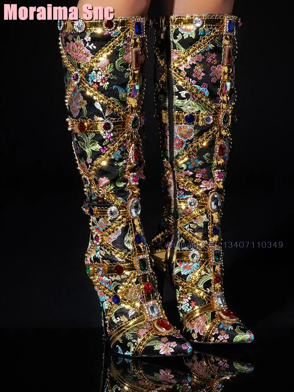 Sexy Floral Gemstone Embroidery Knee High Boots Pointed Toe Satin Stiletto High Heel Luxury Women's Long Boots Side Zipper 2026