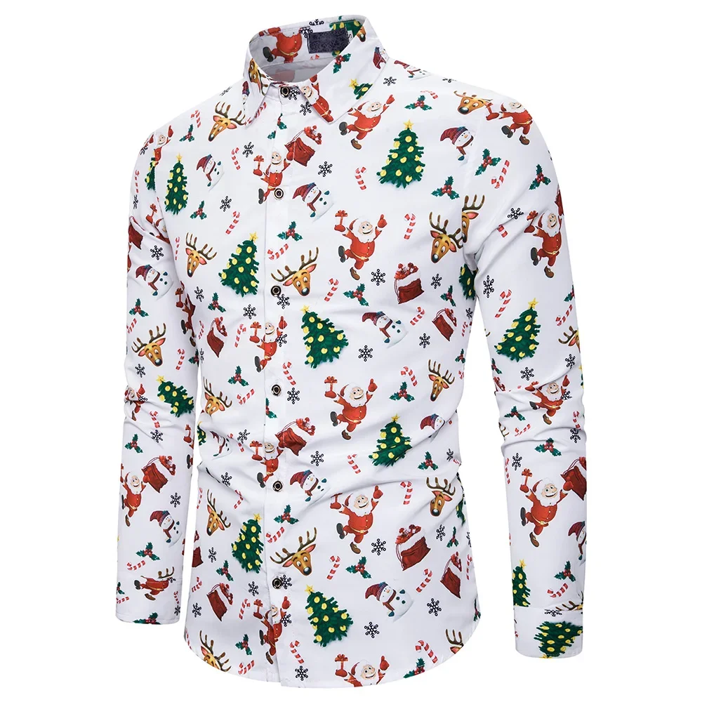 Men Long Sleeve Shirt Christmas Shirt Banquet Holiday Printed Tops Fashion Cartoon Men Long Sleeve Shirt