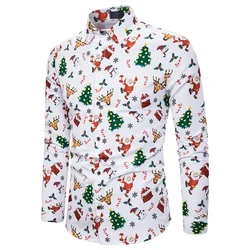 Camisa estampada de Natal manga longa masculina, tops fashion, desenhos animados, banquete, feriado