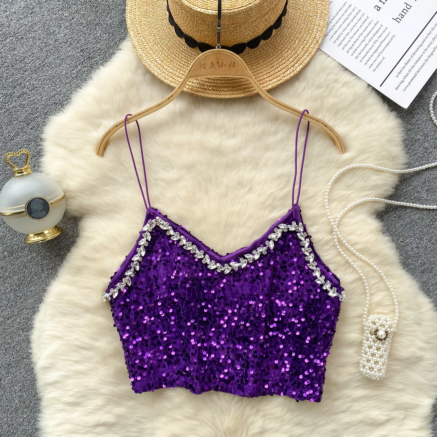 Sexy Rhine Stone Sequined Camis Chic Slim Party Club Tank Top Basic Fashion Off Shoulder Tops Women Hotsweet Crop Top