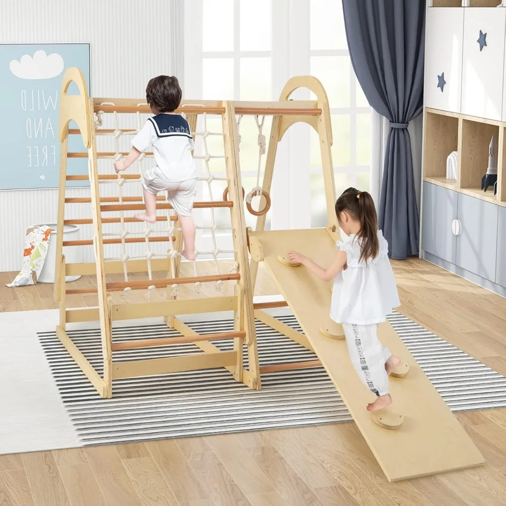 مجموعة لعب مونتيسوري الخشبية 7 في 1 للأطفال: متسلق داخلي مع ميزات الخيمة والانزلاق والتسلق