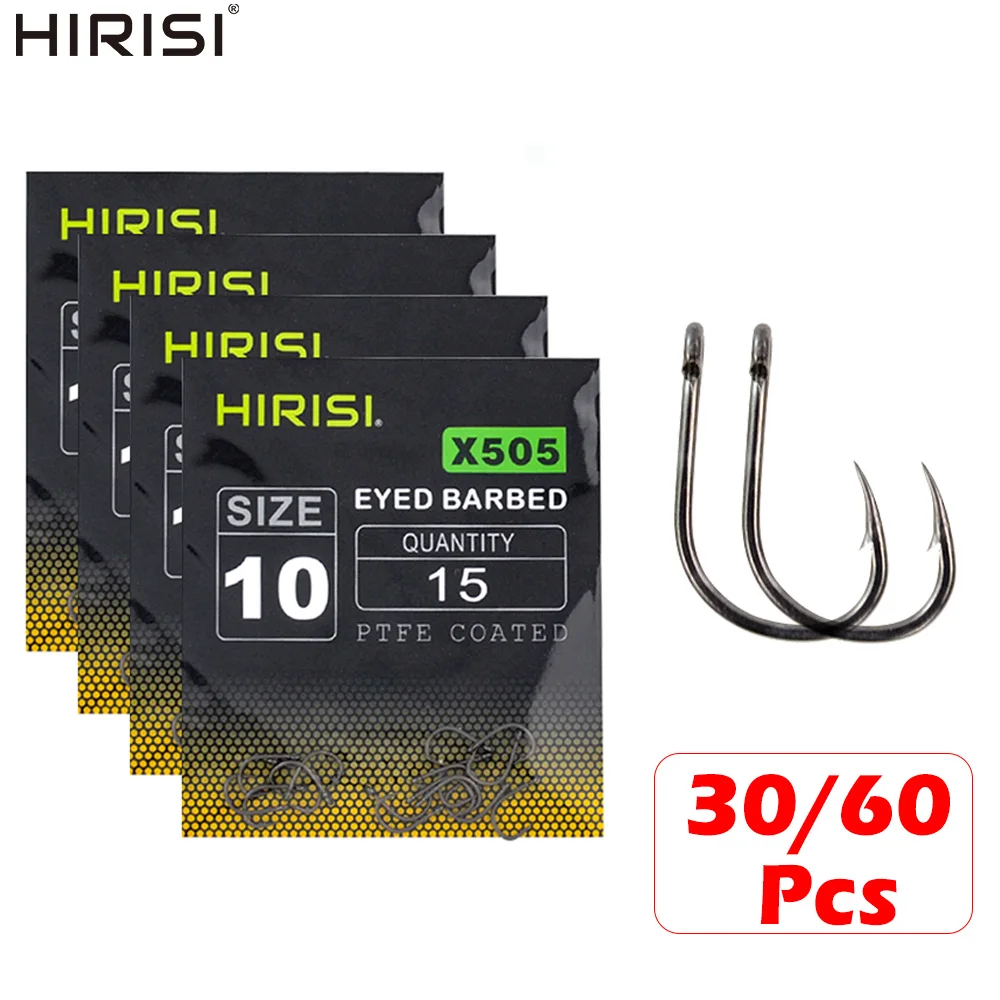 Hirisi X505 30/60 Stück PTFE-beschichtete Hochkarbon-Edelstahl-Widerhaken-Angelhaken mit Öse Karpfenangelhaken Zubehör