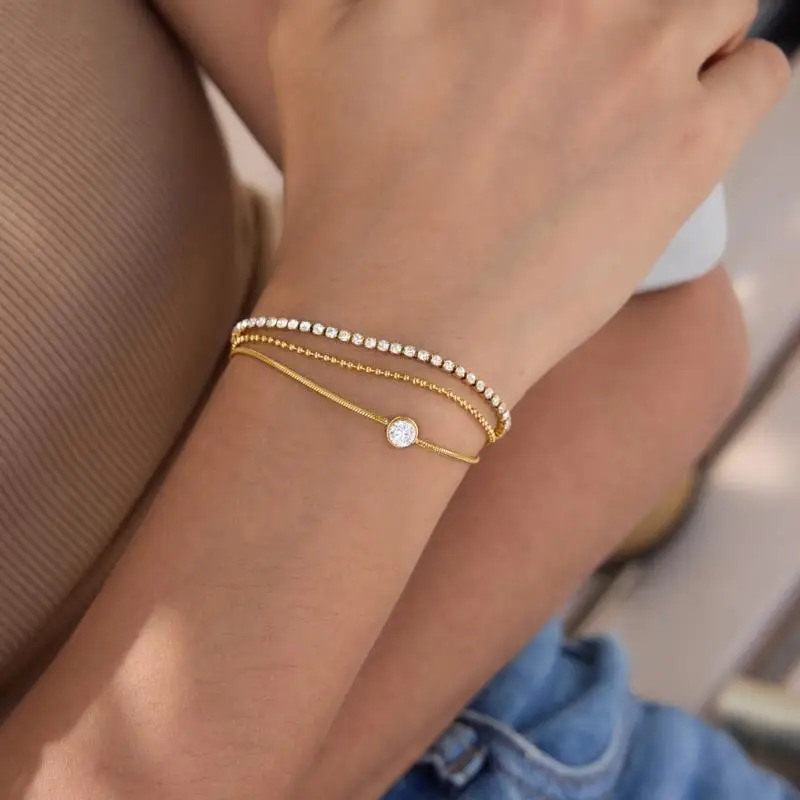 31BB Fashion Wrist Bracelet for Women with Gold Tone Double Row Chain, Clear Stone Detail, Adjustable Extension Clasp and