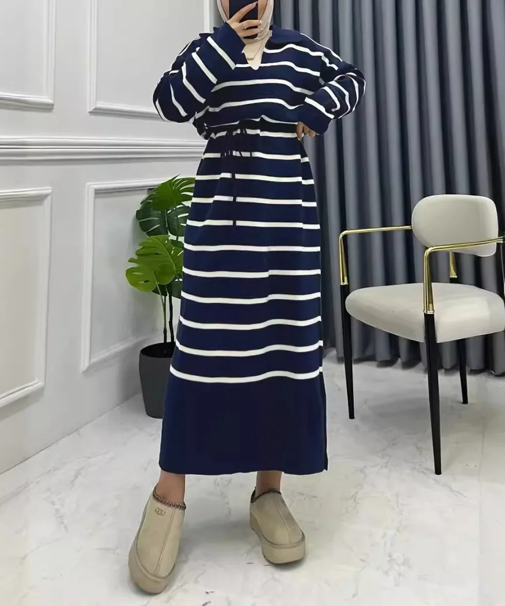 Abaya for Women Muslim Knitting Dress Stripes Vestidos Drawstring Abayas Morocco Kaftan Dubai Islam Arab Long Robe Jalabiya