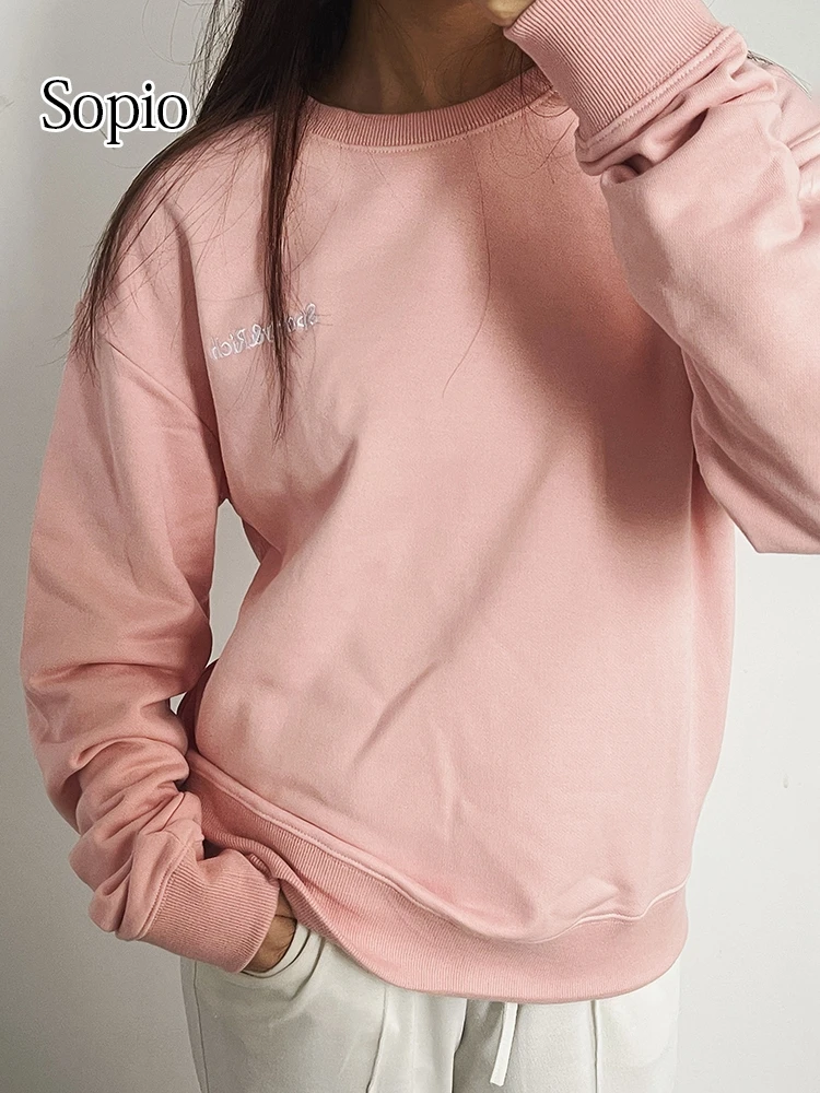 

Letter Embroider Fashion Sportswear Sweatshirts Round Neck Casual Woman Pullovers Pink 100% Cotton Streetwear Tops Women