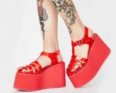 Candy Color Red Orange Green Clear PVC Strappy Wedge Platform Sandals Heart Shape Buckle Round Toe Super High Thick Sole Sandals