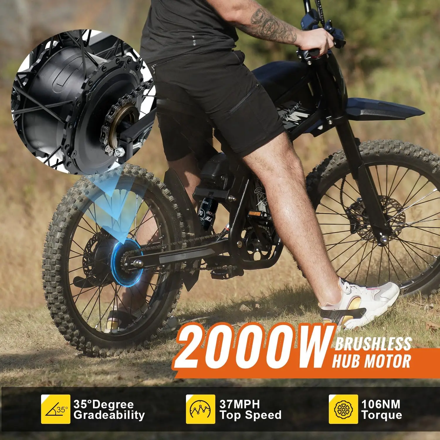 دراجة ترابية كهربائية للبالغين بقدرة 2000 وات، بحد أقصى 37 ميجا في الساعة و85 ميل طويلة المدى مع إطارات مقاس 25 بوصة، دراجة نارية ببطارية مزدوجة 1747 وات في الساعة #3