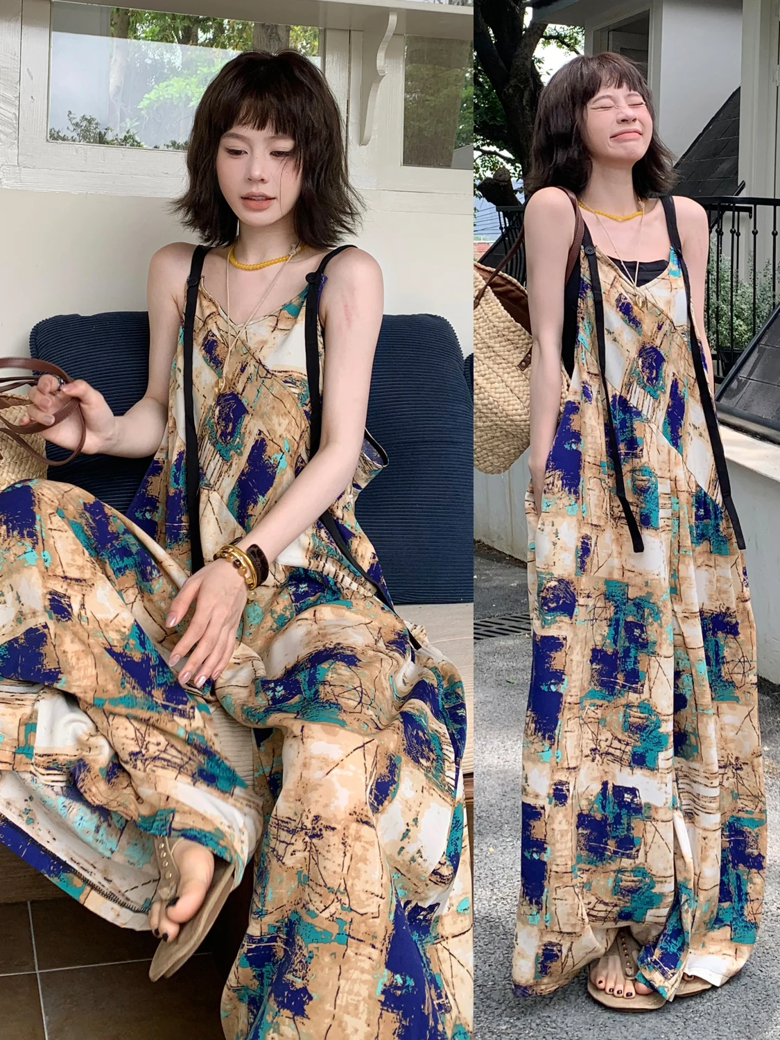 

Original MZ Sli Art Wide Leg Jumpsuit Women Summer High Waist Long Pants adient Color Dyeing Strap on Cr Blue