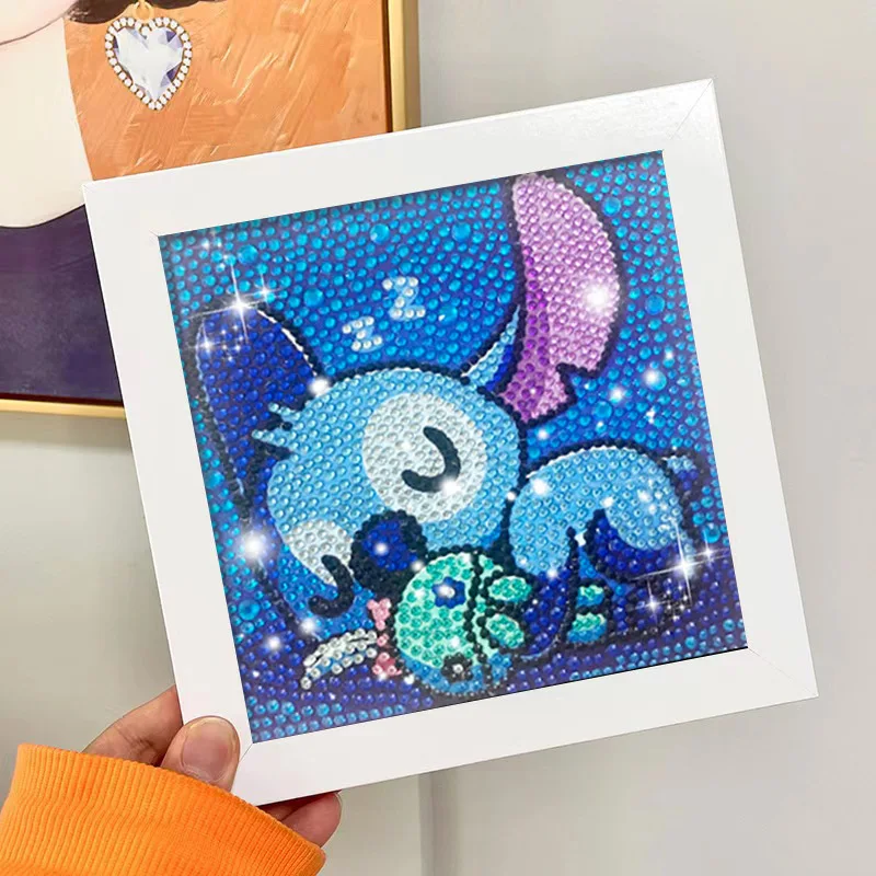 17x17cm With White Frame 5D Full Round Drill Diamond Painting Kit Cute Big Ears Blue Alien Pet Boba Milk Tea Sparkle Cyan Bubble view 2