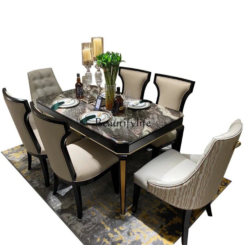 

X4 Modern New Chinese Style Solid Wood Dining Table Landscape Marble Rectangular