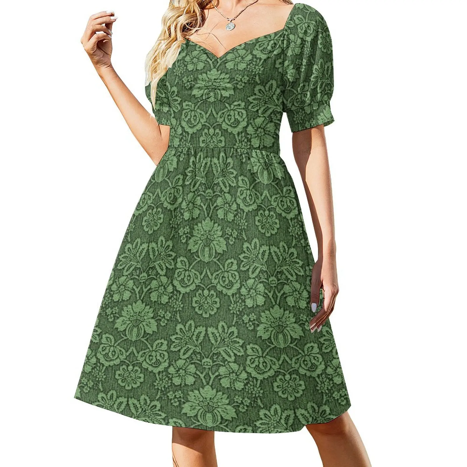 GREEN DAMASK Pop Art Kurzarmkleid, elegante und hübsche Damenkleider, Ballkleid