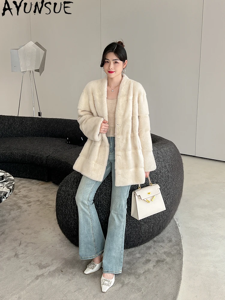 AYUNSUE Natural Velvet Mink Fur Jacket Woman V-Neck Luxury Whole Mink Coat for Woman Clothing 2025 High Quality Кофта С Мехом