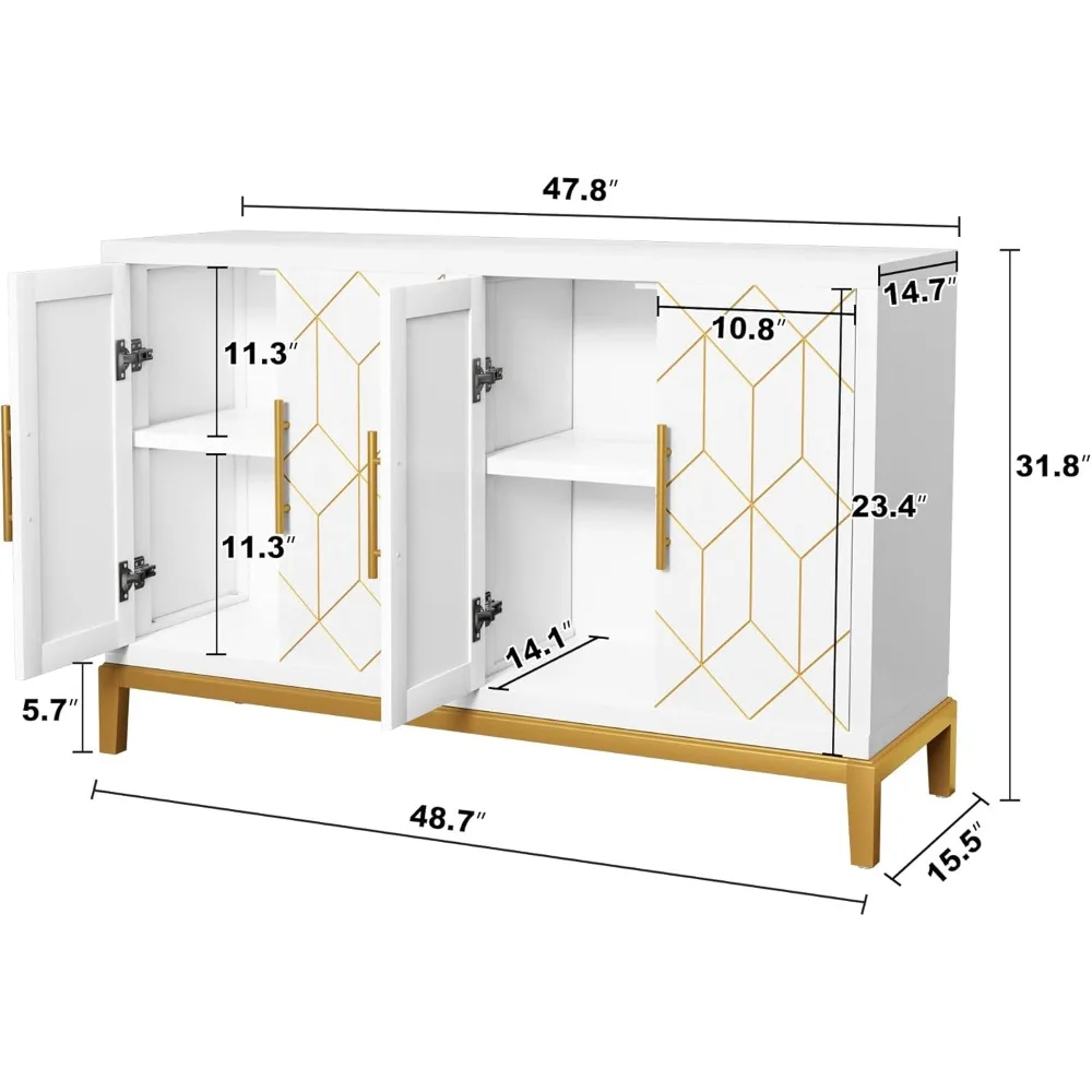 Accent Cabinet with 4 Doors and Shelves, Sideboard Buffet Cabinet with Gold Lines, Modern Credenza Storage Decorative Cabinet