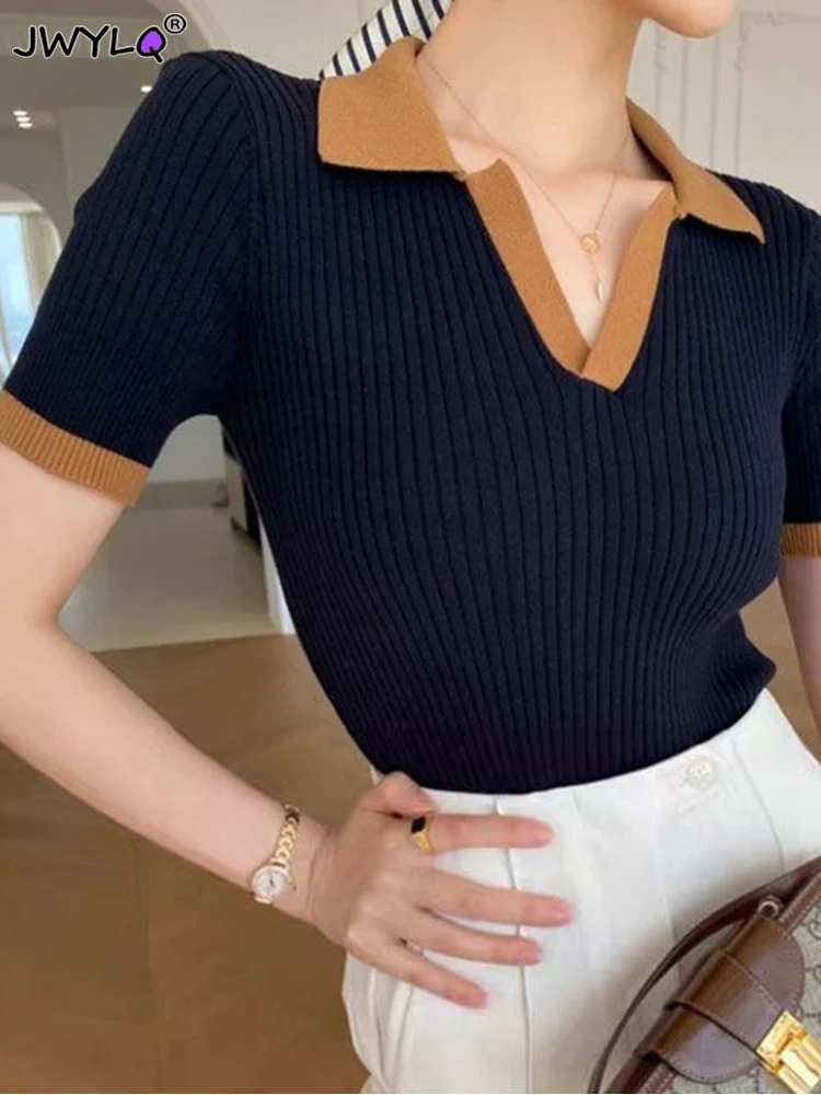 Women\'s T-shirt Polo Collar Short Sleeve Fashion Blouses 2023 Female Slim Knitted Tee White Skinny Casual Women Summer Tank Tops