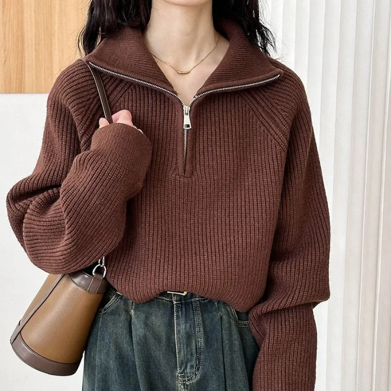 Korea Fashion Solid Color Pullovers Women Spring Autumn 2024 Turtleneck Women Zipper Sweaters Female Turndown Collar