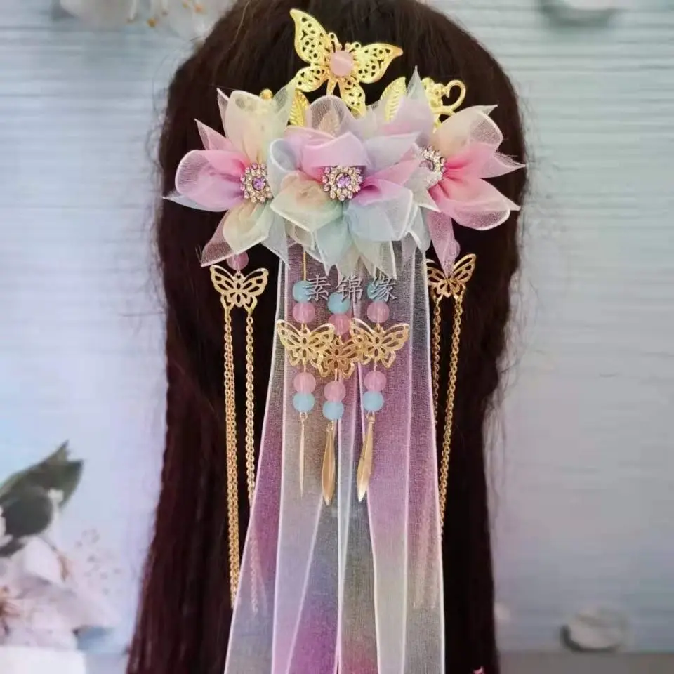 

Ancient Style Hair Accessories Long Ribbon Fringe Traditional Headpiece Hanfu Ornaments Back Hair Clip Performance Photo Props