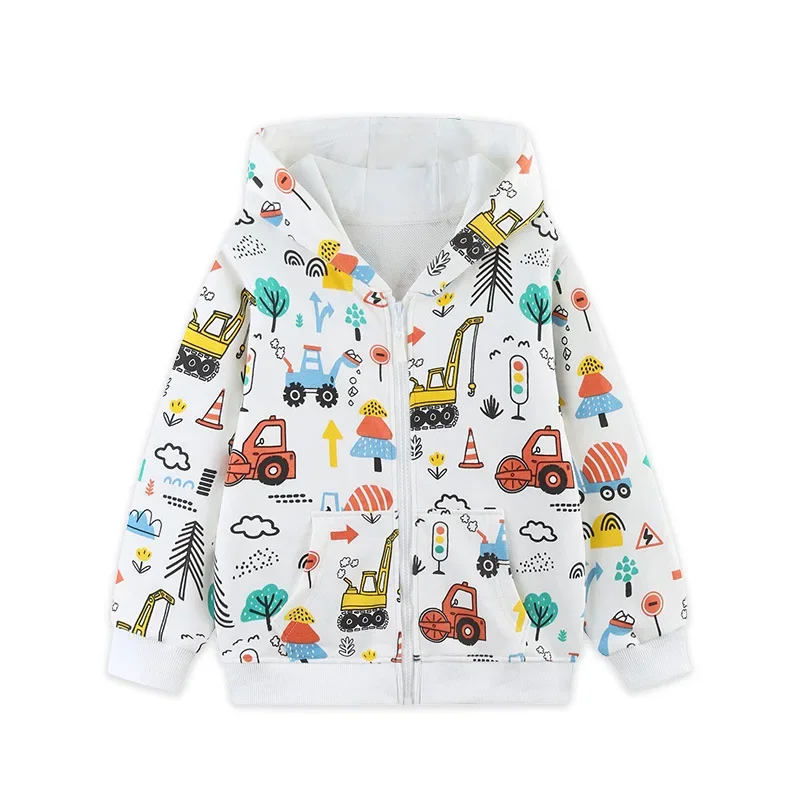 Kids Boys Hooded Zip Jacket Spring Autumn Cartoon Engineering Vehicle Excavator Print Coat Toddler Casual Outerwear With Pockets