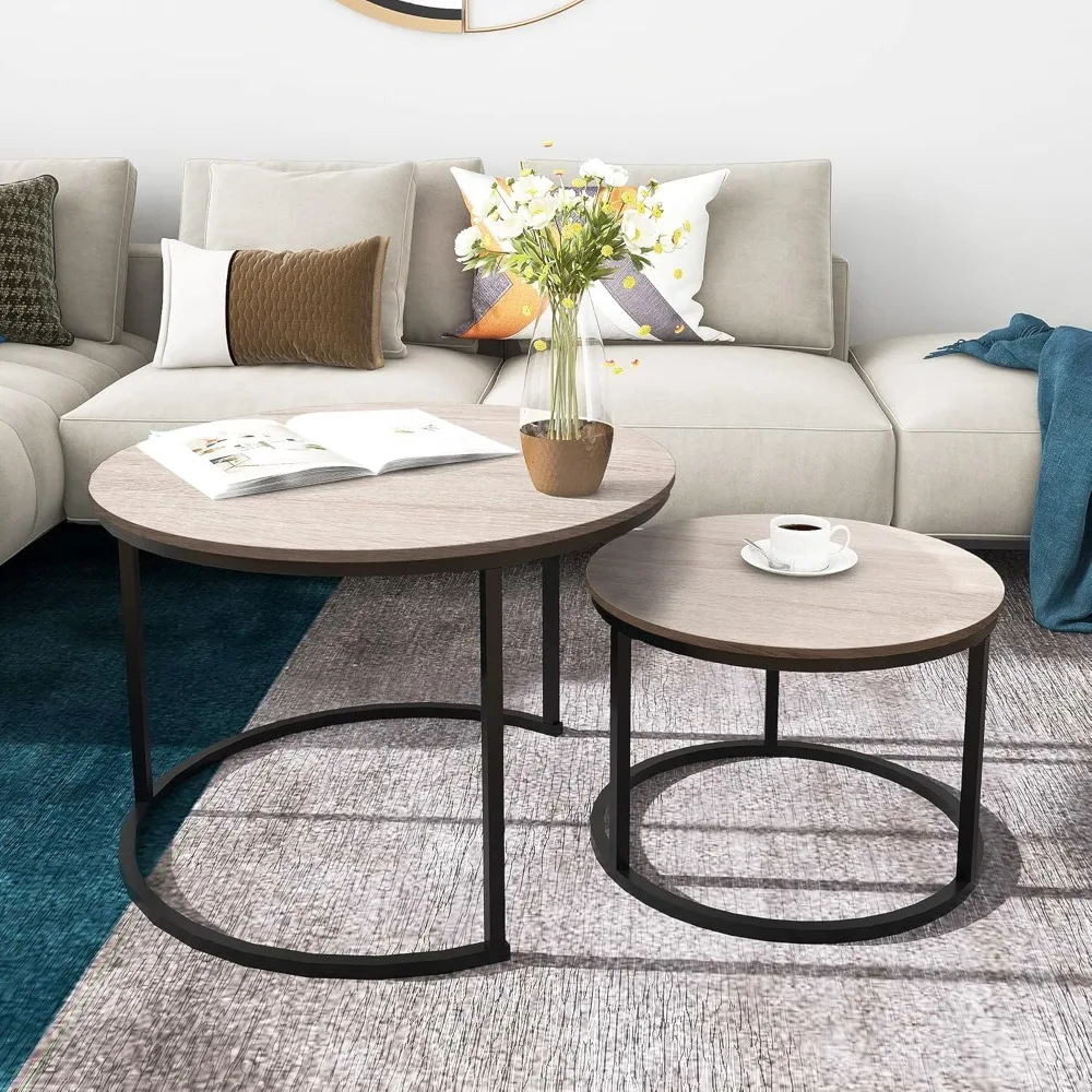

Round Coffee Tables Nesting Side Set of 2 End Tables for Living Room,Round Table with Solid Powder-Coated Metal Frame Natural Wo