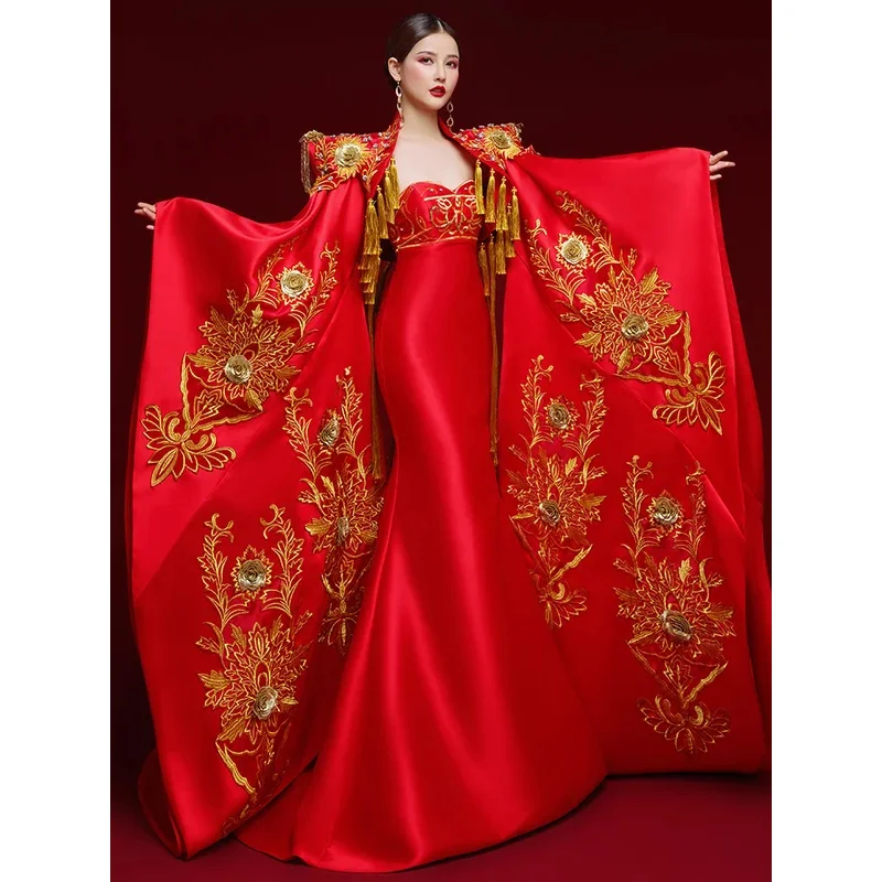 DY20China-Chic Catwalk haut de gamme scène traînant Performance vêtements Style chinois hôte longue tempérament robe Han Fu2