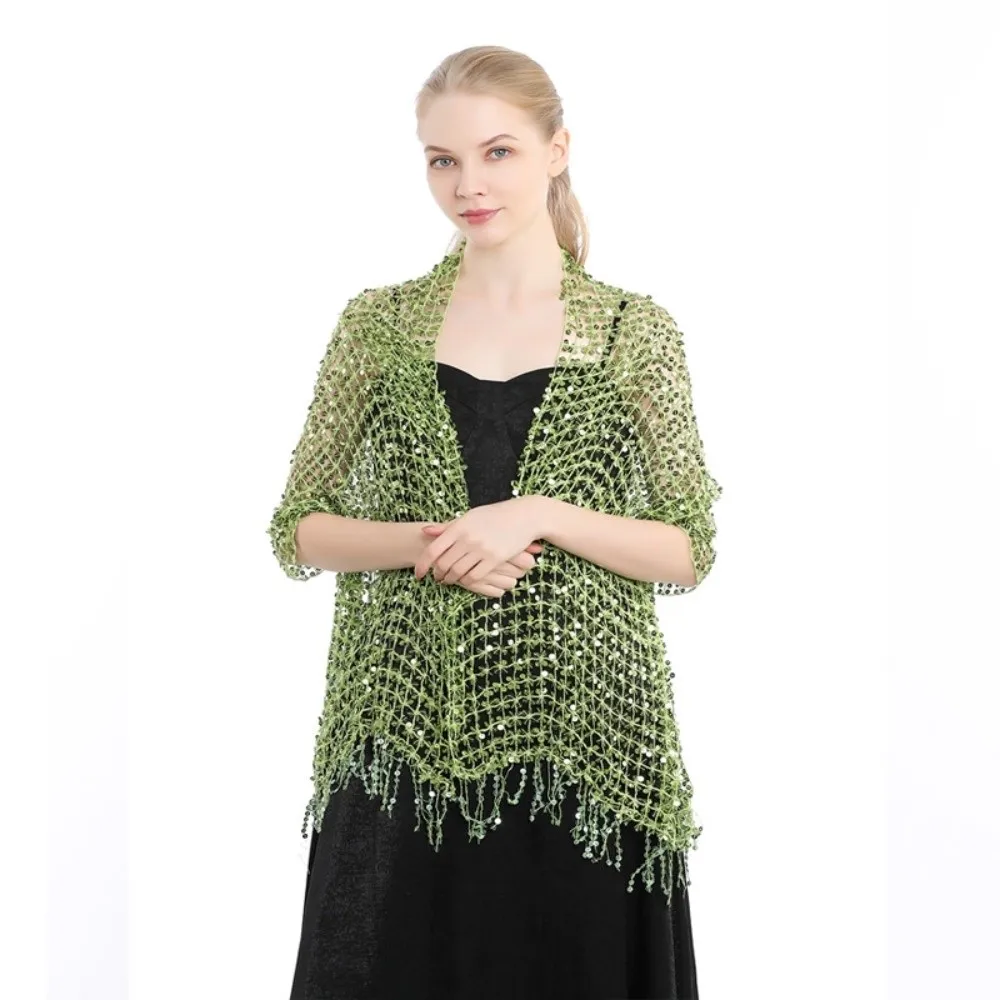 Ladies Elegant Sparkle Sequin Fringe Scarf Formal Hollow Out Glitter Shawl Vintage Wrap Boho Headscarf Party