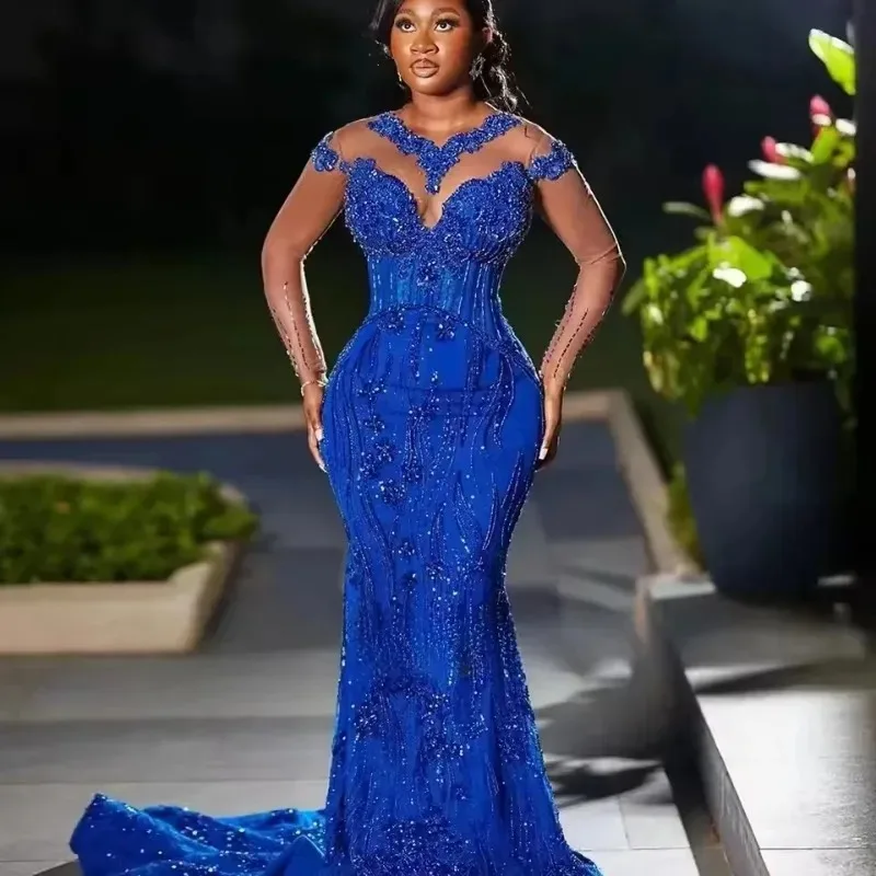 Custom Royal Blue Aso Ebi Prom Dress 2026 Heavy Beaded Pearls Illusion Mermaid Evening Gowns Long Sleeve Wedding Reception Dress