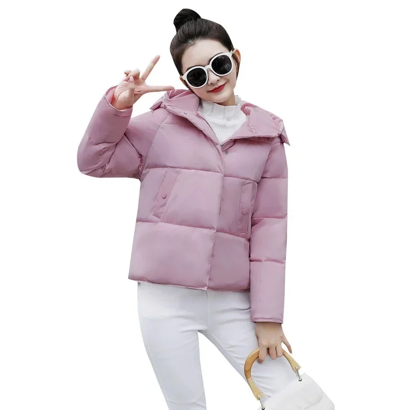 Korean Fashion Winter Thicken Short Down Coat Office Lady Casual Commute Zipper Hooded Parkas Solid Colors Big Pocket Overcoats