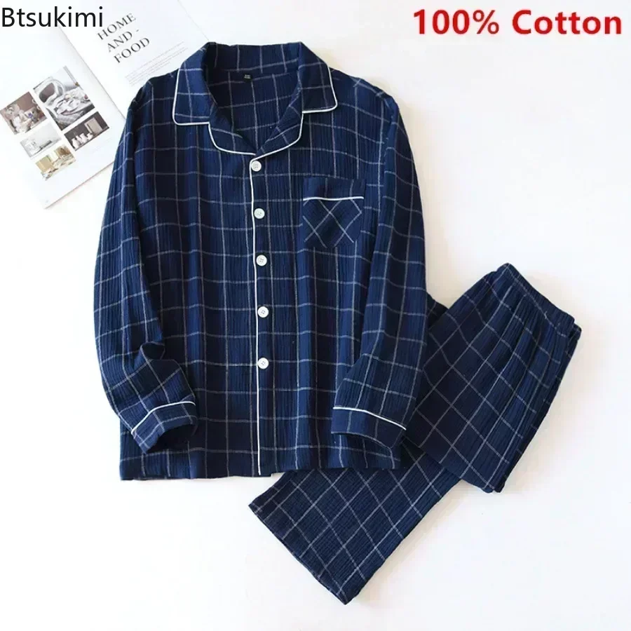 2025 Men's Casual Plaid Pajama Sets Soft 100% Cotton Pajamas Lounge for Men Long Sleeved Shirts and Pants Sets Homewear Clothing