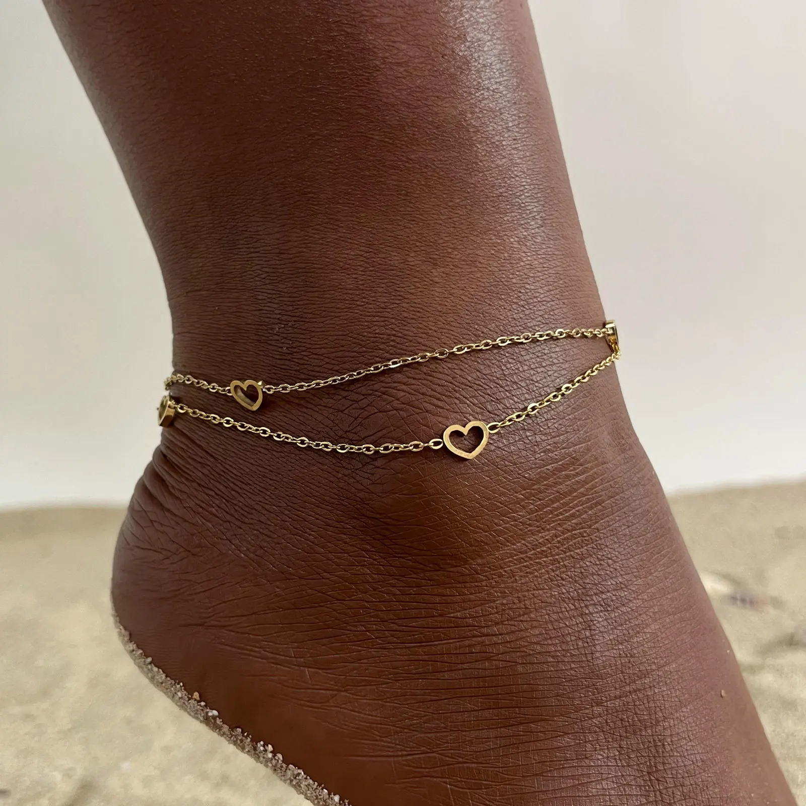 Women\'s Dainty Anklets Jewelry for Daily Beach Holiday, Gold Color Stainless Steel Hollow Heart Shape Double Chains Charm Anklet