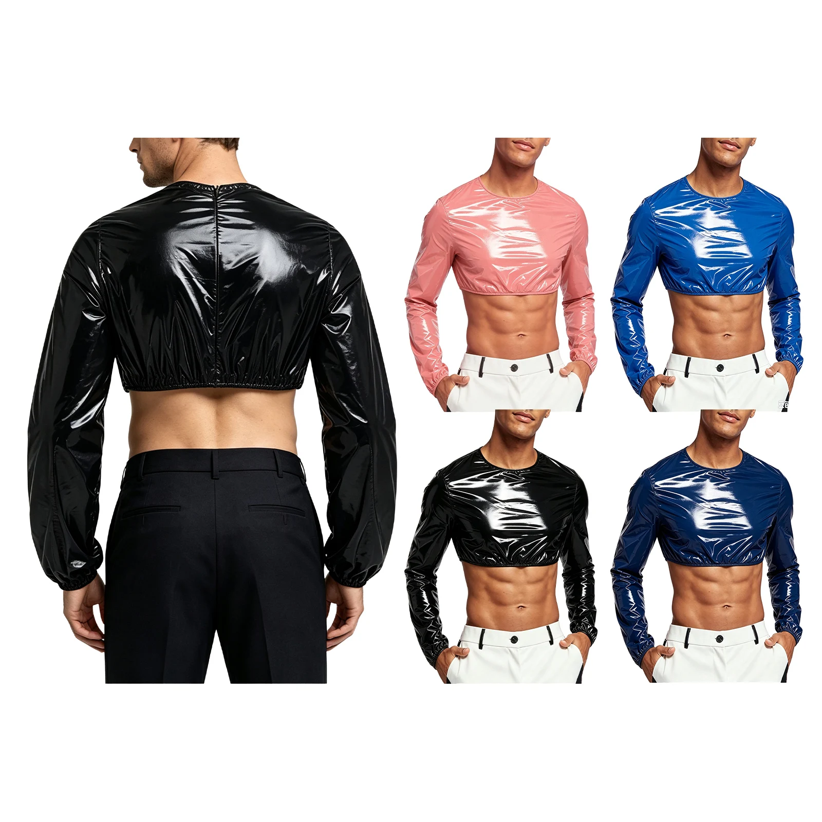 Men Wetlook Glossy Crop Top Glossy Patent Leather Long Sleeve Cropped Tank Top Showing Muscle Party Nightclub Pole Dance Wear