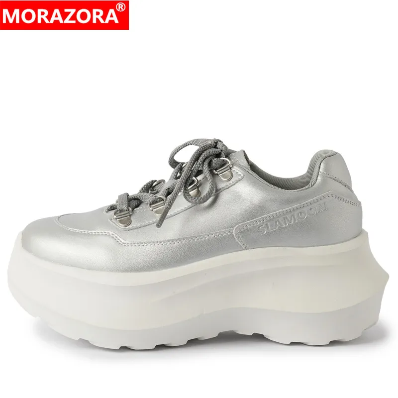 

MORAZORA 2024 New Genuine Leather Shoes Chunky Sneakers Lace Up Thick Bottom Silver White Ladies Platform Casual Shoes