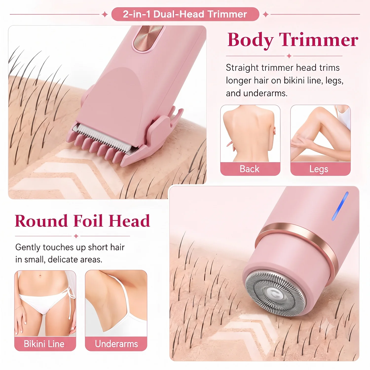 Electric Rerchargeable Lady Razor Double-Headed Waterproof Bikini Trimmer Shaver 2-In-1 Body And Facial Hair Removal Trimmer