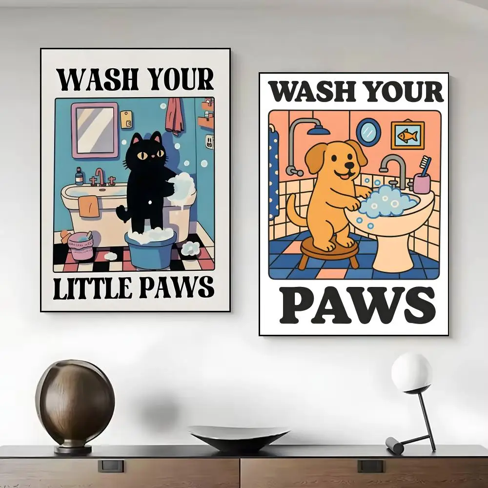 Art W-Wash Your Paws Poster Framed Canvas Wall Art Print for Office Dining Room Bathroom Wall Decor