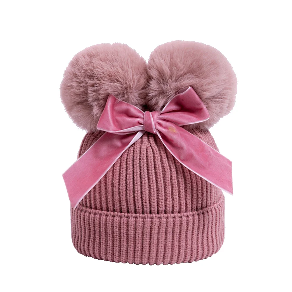 

Children Bow Knit Hat Toddler Beanie Pom Hats Kids Winter Warm made Crochet Baby Gift Two Pompoms Soft Comfortable Elastic