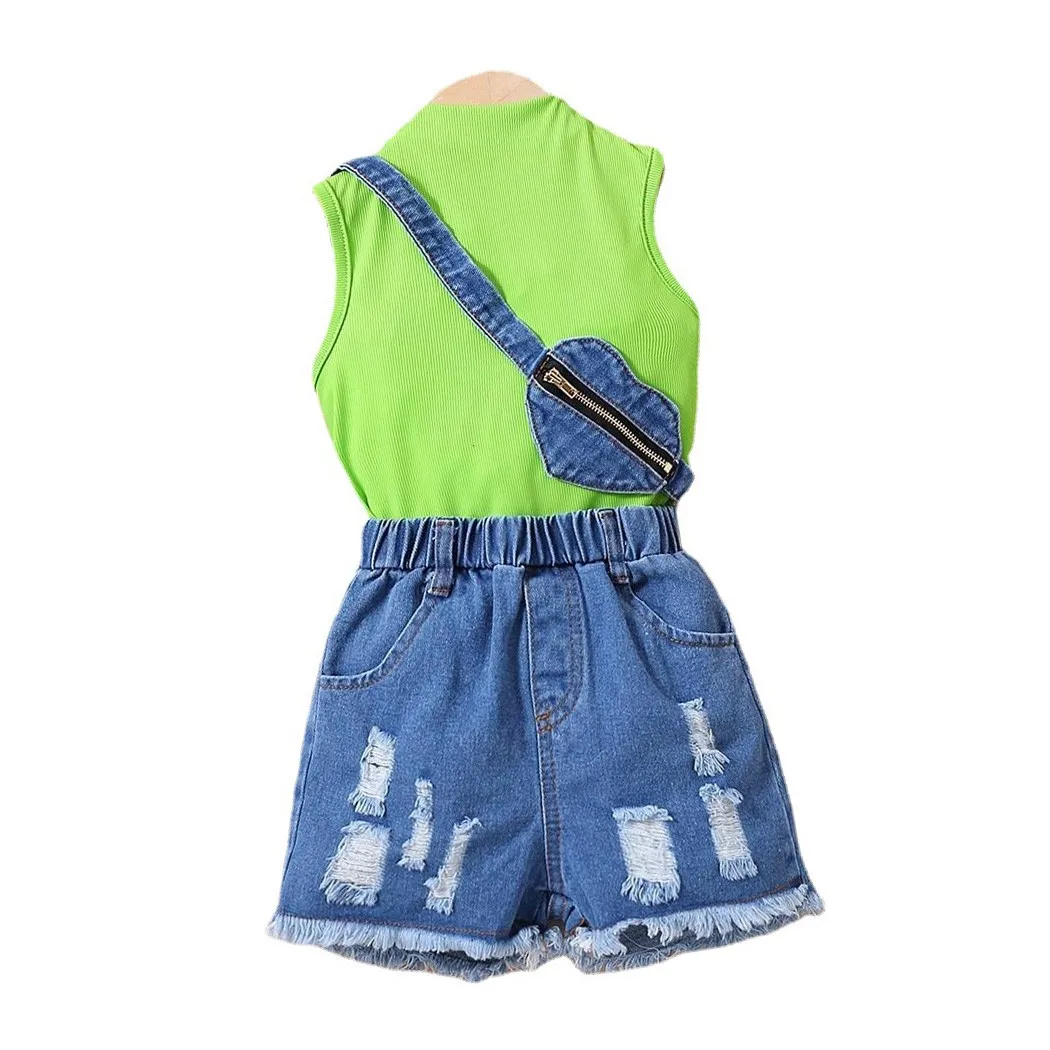 

Toddler Kids Girls Summer Clothes 3 Pieces Suit Solid Ribbed Sleeveless T Shirt+Rippled Jeans Short Denim Bag Children Tracksuit